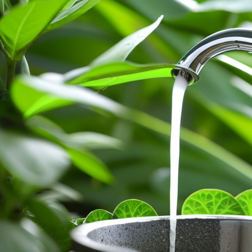 Y, chrome faucet dripping water into a bowl of vibrant green leaves and plants, emphasizing sustainability