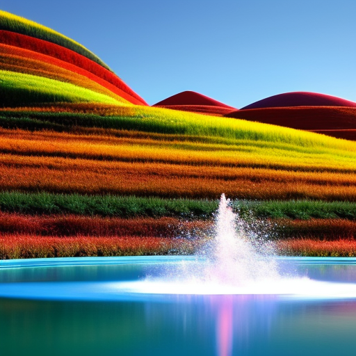 Ract image of a colorful digital landscape with a 3D-like fountain emitting sparkling, exotic-looking coins