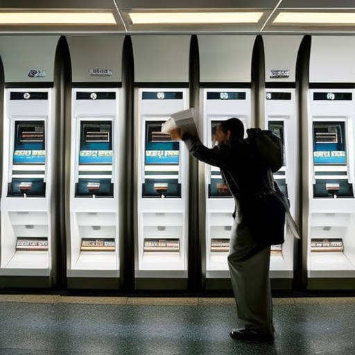 An image of a person quickly taking out money from an ATM and a sense of urgency with the quick movement of their hand