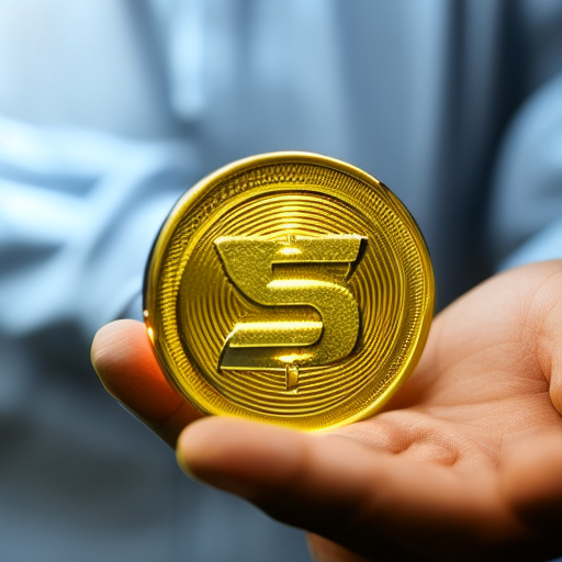 E of a hand holding a gold and blue Ripple coin, illuminated by a bright light