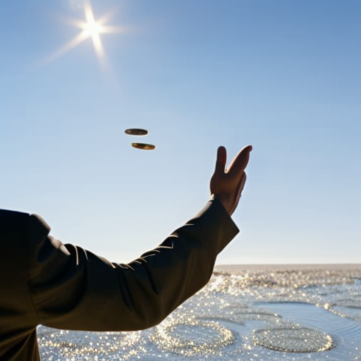 -up of a person with a hand outstretched, holding a stack of gold coins, with a ripple logo in the background