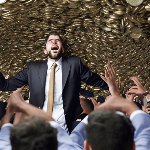 E of a person in a business suit with a stack of coins growing above their head, surrounded by a crowd of people with eager expressions