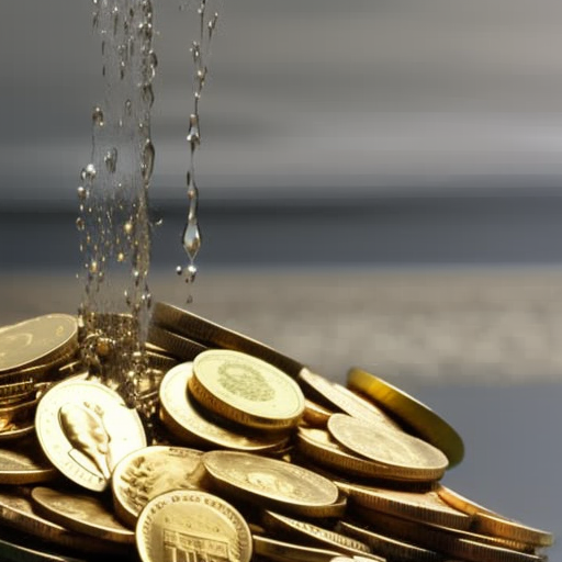 Holding a gold coin dripping with water over a mound of coins and dollar bills