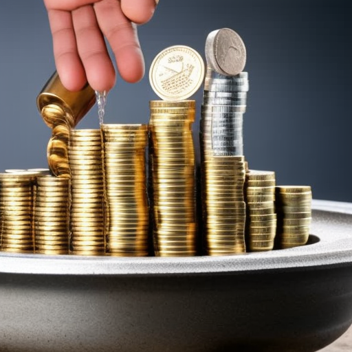 E of a person holding a stack of coins, with a faucet spout spilling coins into their hands