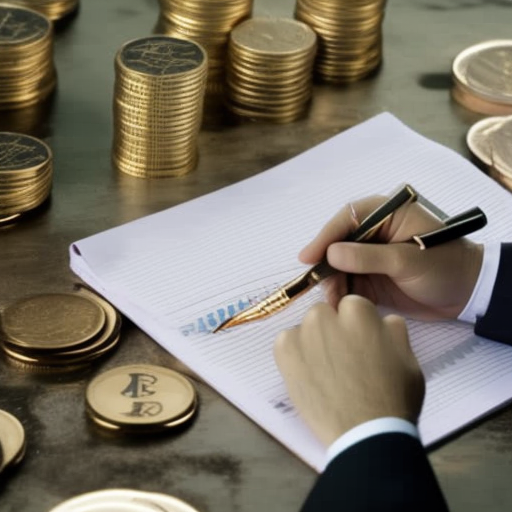 N with a fountain pen, writing down a complex financial plan on paper, surrounded by stacks of coins and wealth symbols