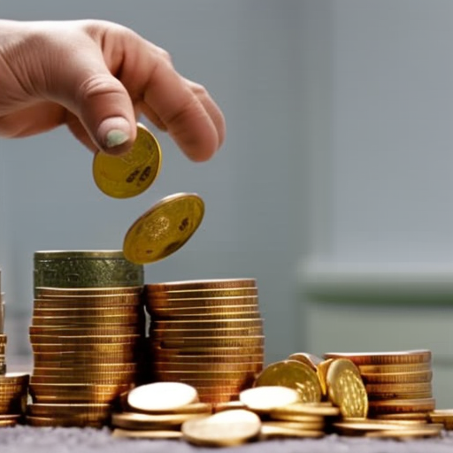 up of a person's hand outstretched, counting coins and bills spilling from a golden faucet