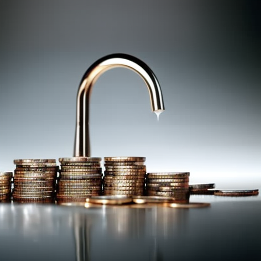 Holding a pile of coins, with a few coins spilling out, beside a small faucet dripping drops of water