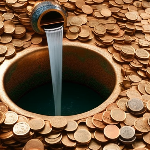 R-colored faucet spouting a stream of coins, dripping into a pool of coins below