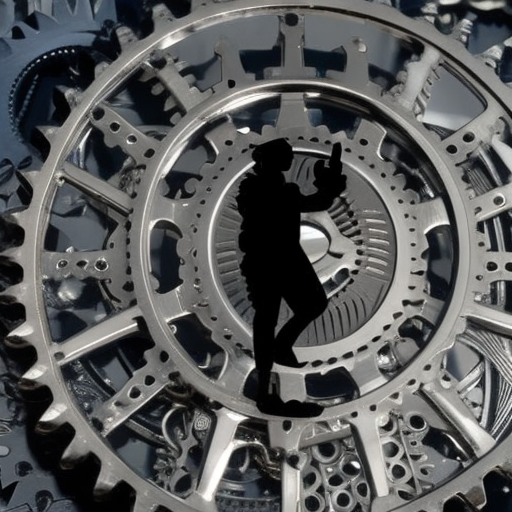 Uetted person holding a lock and key, with a backdrop of a complex network of gears and cogs