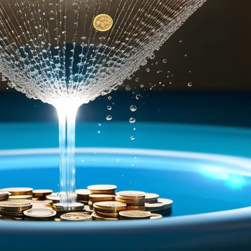 Stration of a faucet pouring water into a connected pool of coins, with a glowing Faucetpay logo in the background