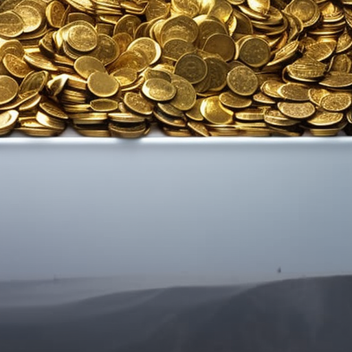 E of a person standing in front of a bathroom sink, with a gold coin spilling from a turned-on faucet into a pile of coins on the counter