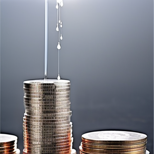 of coins with a dripping faucet above it, flowing into a glass jar below