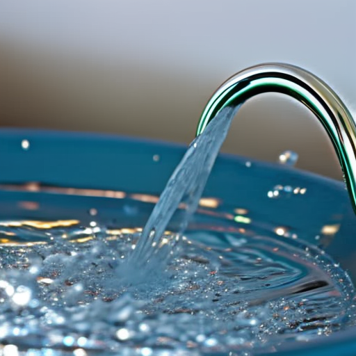 Ful, close-up image of a faucet handle showing the liquid pouring out quickly and freely