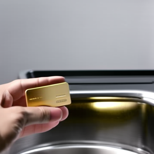 Close-up of a hand placing a credit card into a sleek, modern faucet with a gold finish
