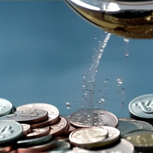 Up of a faucet knob being turned on, with a steady stream of water pouring out, against a backdrop of different coins and banknotes from various countries