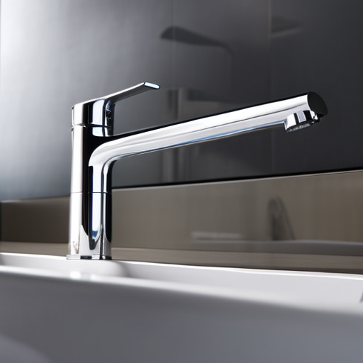 -up of a shiny, modern faucet with sleek curves and a touchpad interface, in a bathroom with modern tile and a large vanity mirror