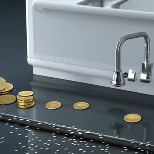 Holding a smartphone near a kitchen sink with a faucet, a cloud of money coins raining down on the sink