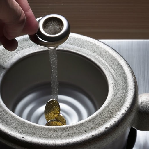 -up of a hand operating a faucet, with coins emerging from the spout and dropping into a ceramic bowl