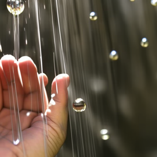 -up of a hand pressing a button on a faucet, with droplets of water rapidly pouring out