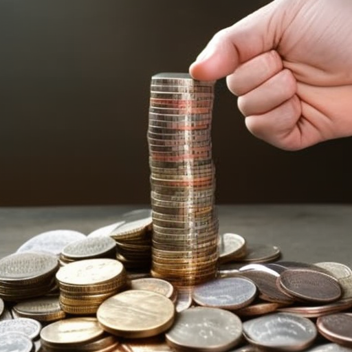 E of a hand holding a stack of coins, with stacks of coins shooting out of a faucet in the background