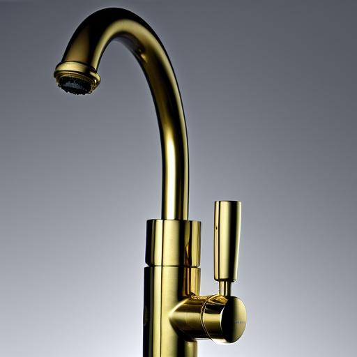 -up of a shiny, brass faucet with a strong, metal handle and a steady stream of water