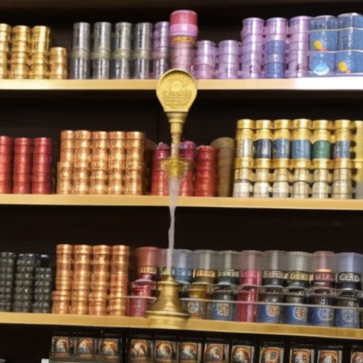 N holding a golden faucet with a rainbow of coins pouring out of it, surrounded by shelves of rewards