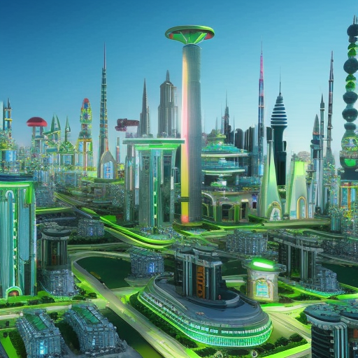 L illustration of a futuristic cityscape with a background of green, glowing cryptocurrency faucets
