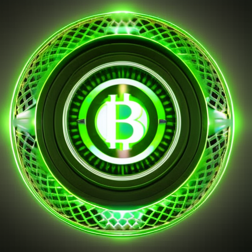 T illustration of a spinning cryptocurrency coin with a green eco-friendly glow radiating from it