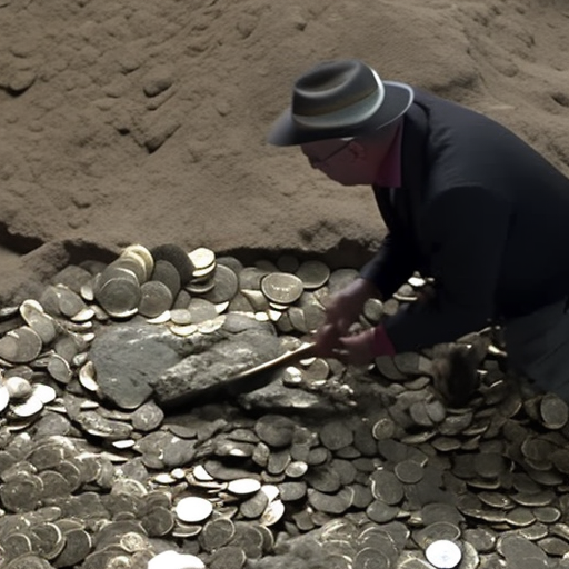Person gleefully and energetically digging through a pile of coins, revealing a rare coin in the process