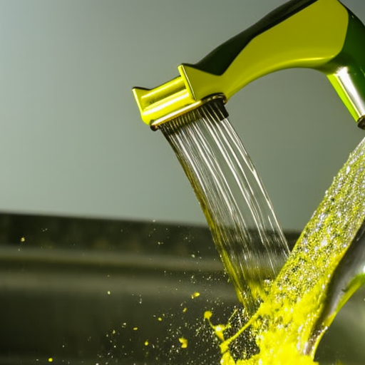 -up of a person's hands turning an industrial faucet, with a bright yellow-green spray of water emerging from the nozzle