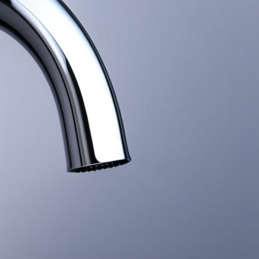 Up of a sleek and shiny silver faucet with a curved spout, water droplets suspended in midair, and the reflection of a mobile device in its surface