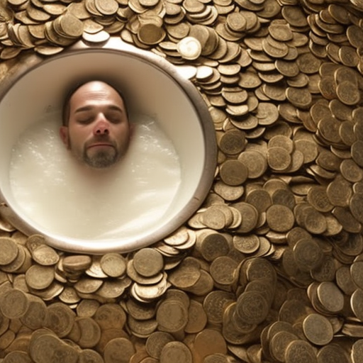 N lying in a luxurious bathtub, overflowing with coins, surrounded by bathroom faucets spewing coins into the air