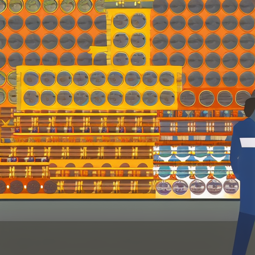 Ful illustration of a person, carrying a bag of coins, standing in front of a large stack of colorful crypto coins