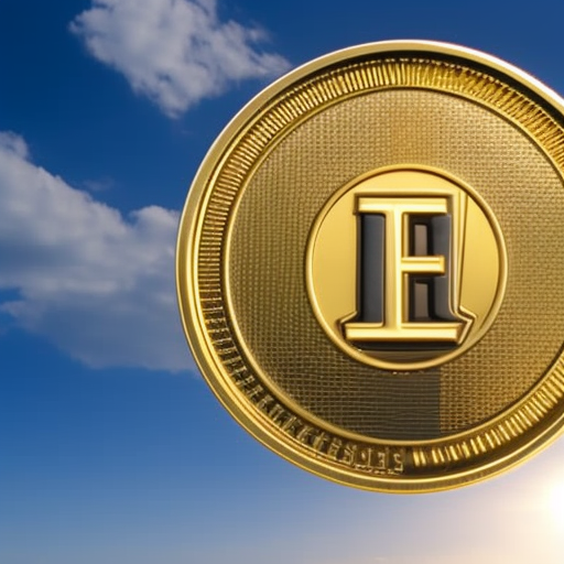 A glowing golden Litecoin coin against a bright sky, with a fountain of coins pouring out from its center