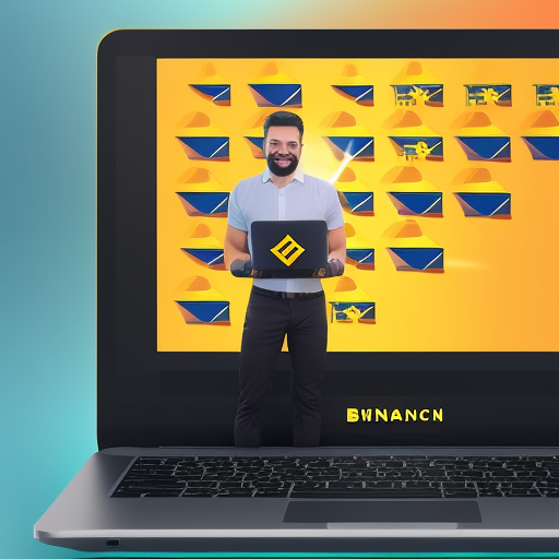 Ful, 3-dimensional image of a person using a laptop to access Binance Coin, with a background of coins raining down, and a bright, beaming smile on their face