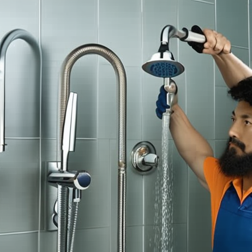 A person, holding a tool such as a wrench, turning on multiple shower faucets to show the idea of "increasing income with high-frequency faucets"