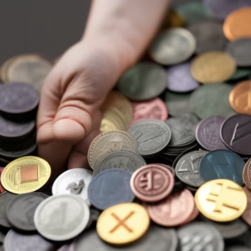 -up of a hand holding a stack of colorful altcoins with a trail of coins leading away