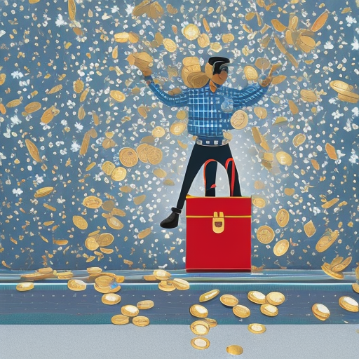 Rful illustration of a person holding a bag overflowing with coins, with a futuristic-looking faucet in the background