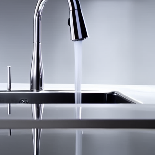 En sink with a modern, stainless steel faucet dripping water in slow motion
