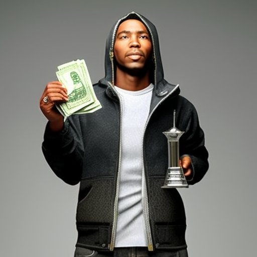 N, in a hoodie and jeans, holding a bundle of cash in one hand and a faucet in the other