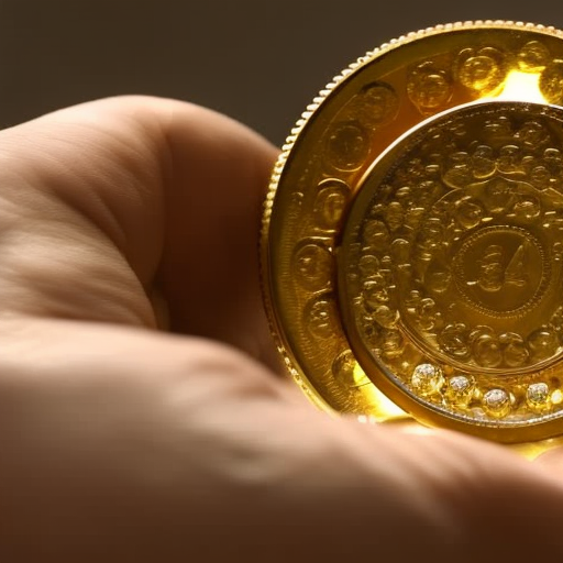 Holding a golden coin, overflowing with a stream of smaller coins that cascade into a crystal bowl
