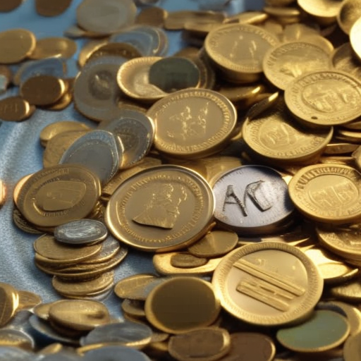 Coin overflowing with coins of various sizes, overflowing onto a large blue plate