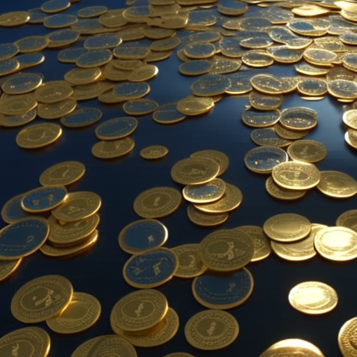 T ripple waves with a money sign in the center, gold coins raining down, and a computer in the background