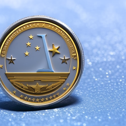blue litecoin coin floating above a laptop, its screen displaying a glowing star rating
