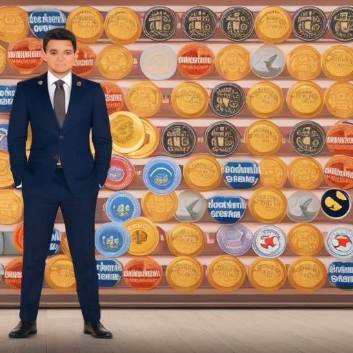 Stration of a man in a suit, with a bag of coins slung over his shoulder, standing in front of a wall displaying a collection of altcoin logos