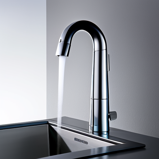 -up of a modern, metallic, touch-free faucet with liquid cascading from its spout into a sink