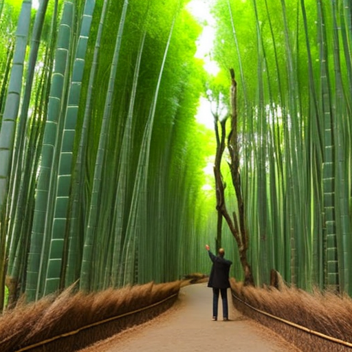 N standing in a bamboo forest, surrounded by a vibrant green landscape, holding a golden cryptocurrency coin in their outstretched hand