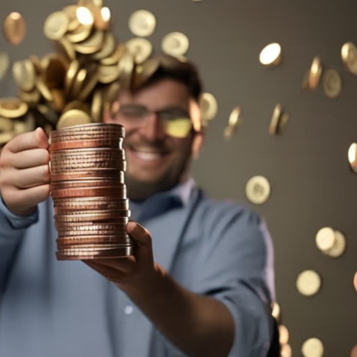 N happily holding a cup overflowing with coins, surrounded by a variety of rewards