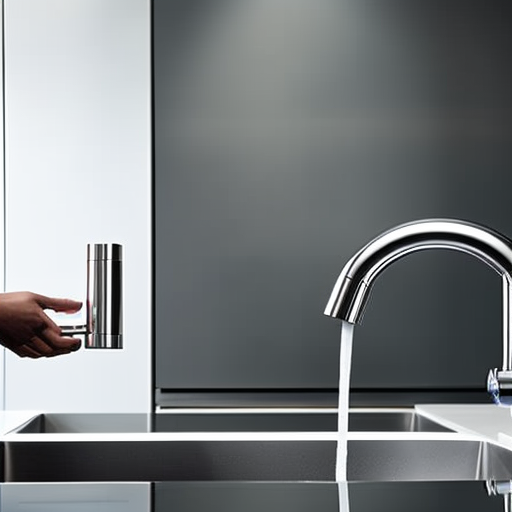 N using a smartphone to interact with a modern, sleek, stainless steel faucet in a contemporary kitchen
