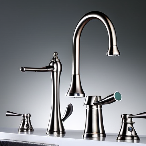 T, metallic, curved faucets against a solid, bright, white background, symbolizing modernity and convenience